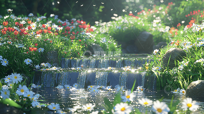 高清大图下载【趣麦麦图】阳光下的花田瀑布