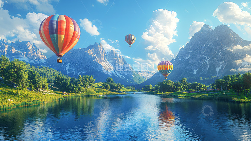 高清大图下载【趣麦麦图】热气球飞跃雪山湖泊