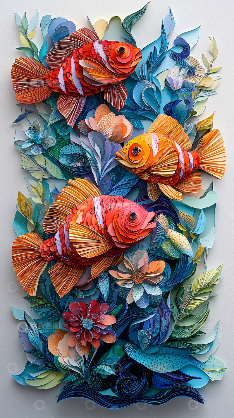 高清大图下载【趣麦麦图】纸艺鱼群和水生植物