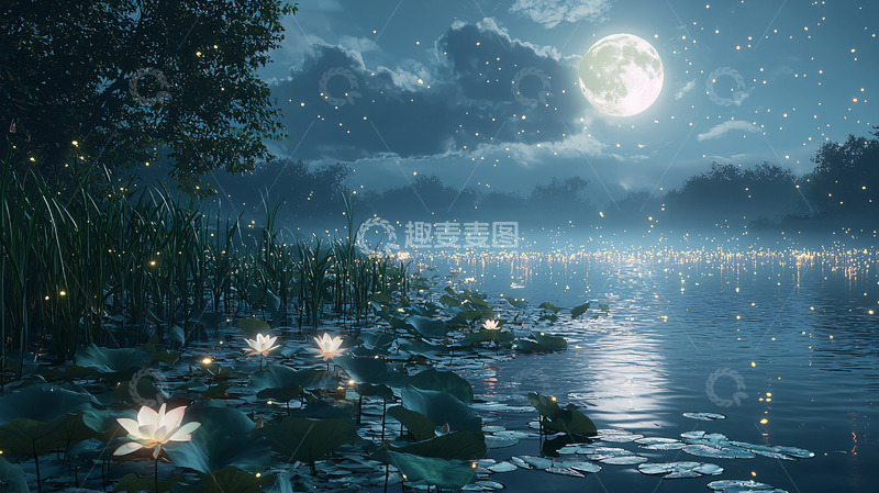 高清大图下载【趣麦麦图】月光下的萤火湖泊