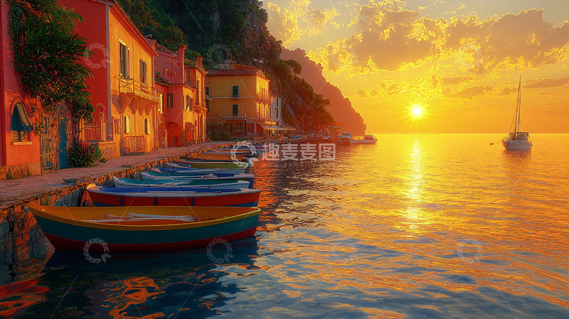 高清大图下载【趣麦麦图】海边小镇日落美景
