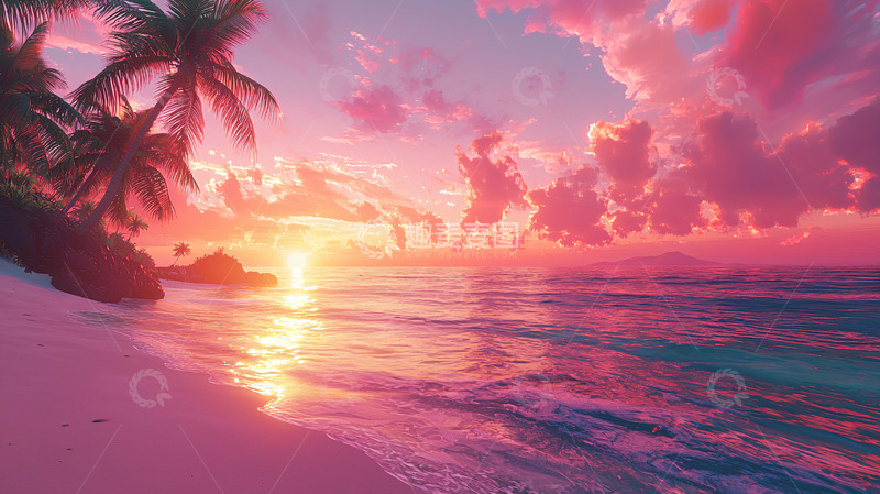 高清大图下载【趣麦麦图】粉色系海滩日落
