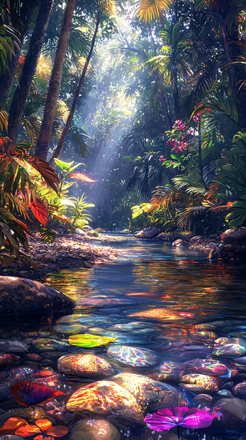 热带雨林溪流阳光