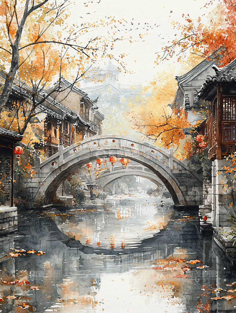 高清大图下载【趣麦麦图】古镇秋景水彩画