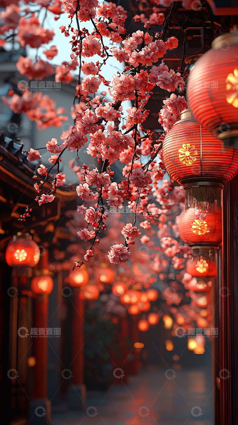 高清大图下载【趣麦麦图】粉色樱花红灯笼