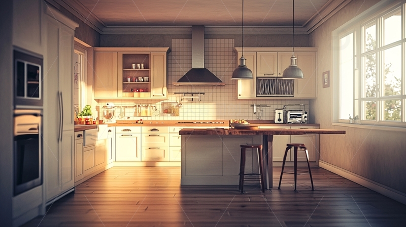 高清大图下载【趣麦麦图】阳光洒进的温馨奶油色厨房