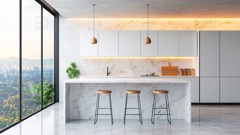 高清大图下载【趣麦麦图】现代极简风格大理石厨房
