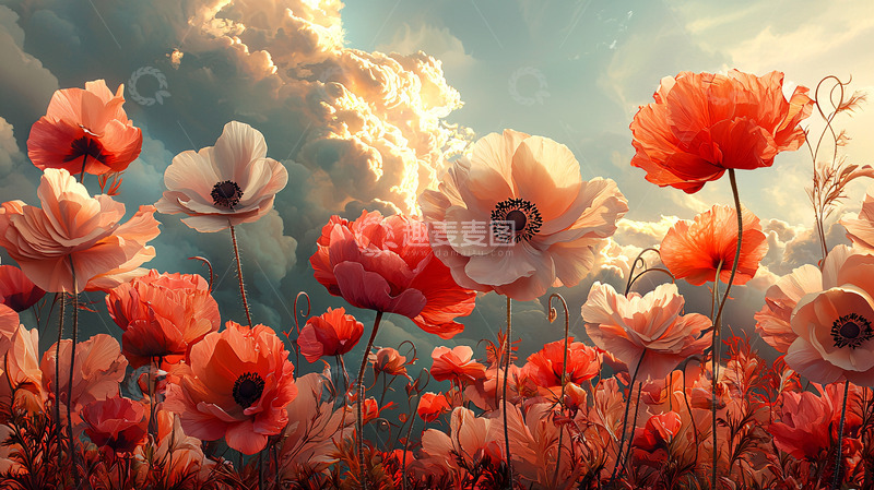 高清大图下载【趣麦麦图】阳光下盛开的罂粟花田