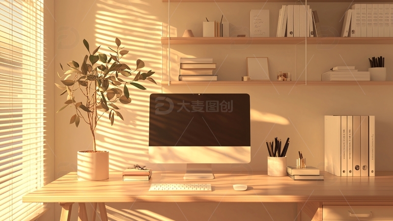 高清大图下载【趣麦麦图】温暖阳光洒落的简约办公桌