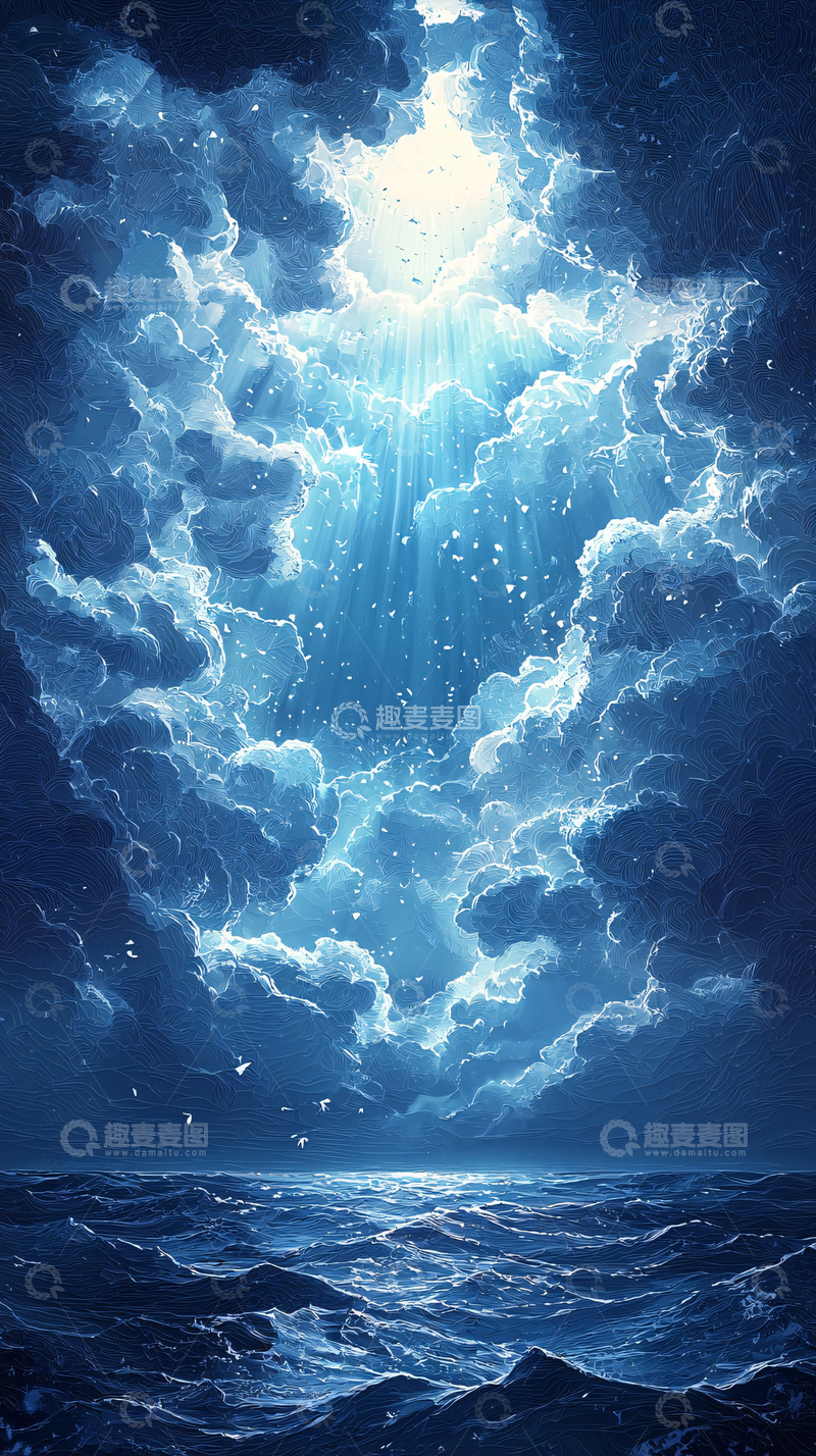 高清大图下载【趣麦麦图】蓝天白云光芒洒落海面