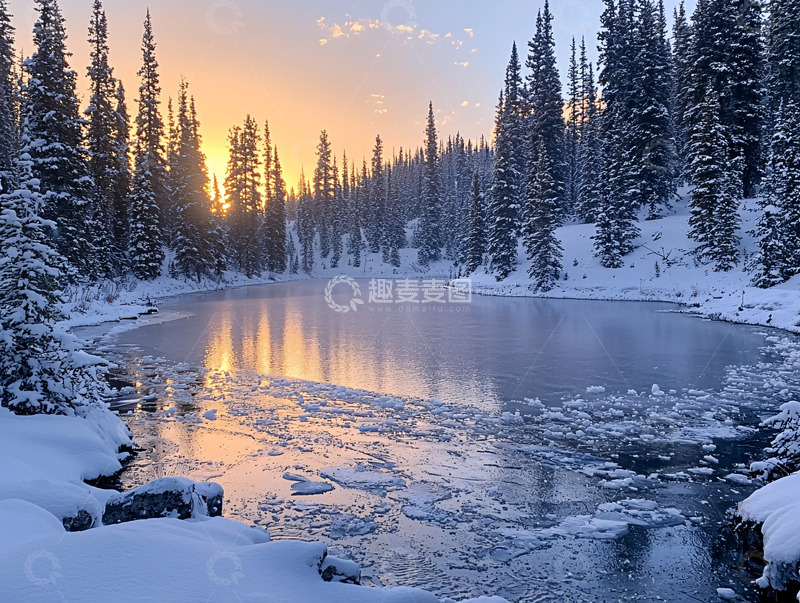 高清大图下载【趣麦麦图】冬日雪山湖泊的日出