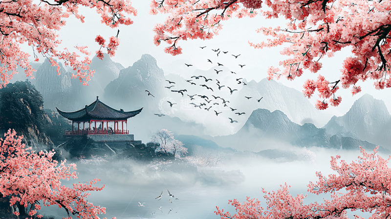 高清大图下载【趣麦麦图】樱花掩映下的亭台山水