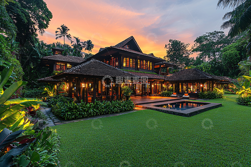 高清大图下载【趣麦麦图】日落时分别墅夜景