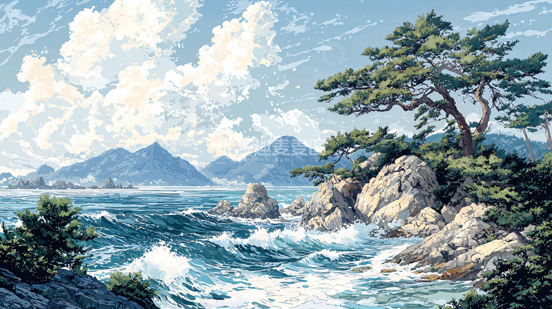高清大图下载【趣麦麦图】海边松树风景画