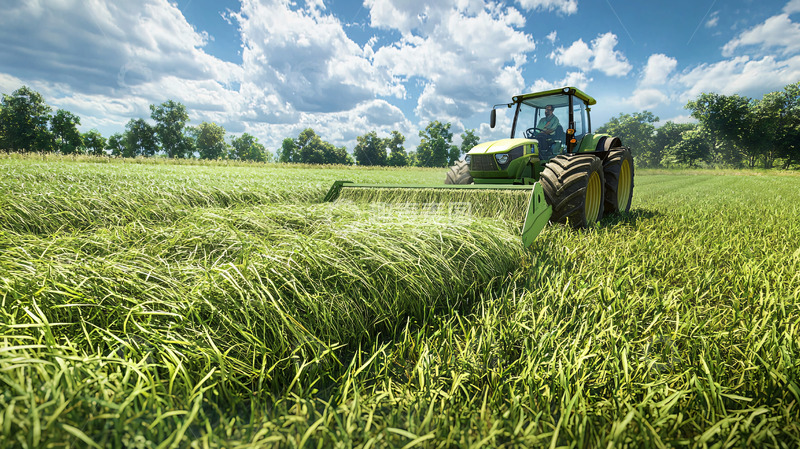 高清大图下载【趣麦麦图】绿色拖拉机在田野里收割