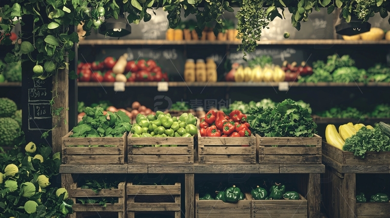 高清大图下载【趣麦麦图】木质货架上的新鲜蔬果
