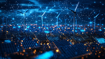 夜色下的风力发电和太阳能电池板