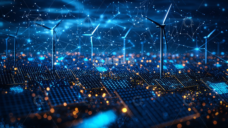 高清大图下载【趣麦麦图】夜色下的风力发电和太阳能电池板
