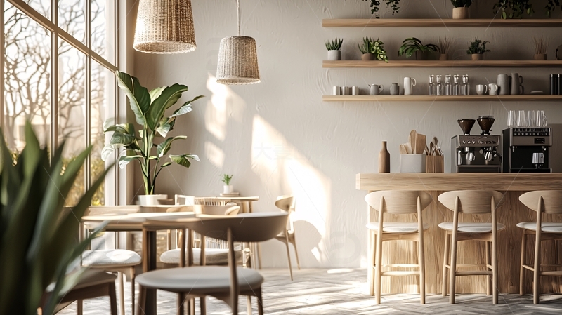 高清大图下载【趣麦麦图】阳光洒落木质咖啡馆