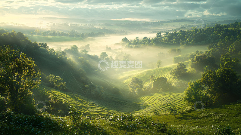 高清大图下载【趣麦麦图】清晨阳光下的雾气山谷