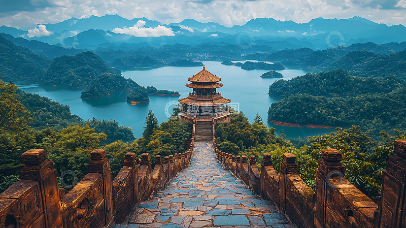 高清大图下载【趣麦麦图】山顶古塔俯瞰碧水