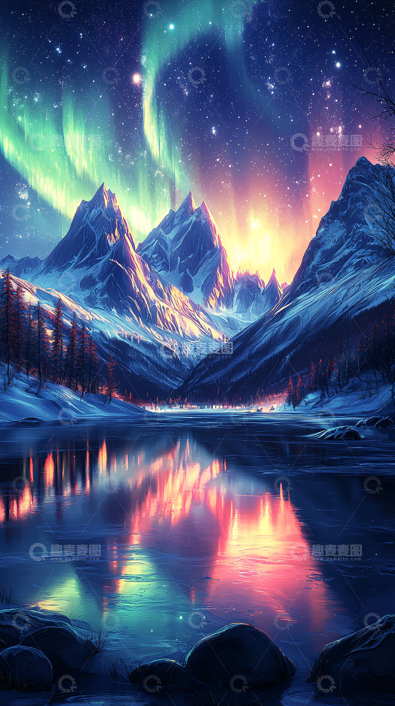 高清大图下载【趣麦麦图】绚丽极光下的雪山湖泊
