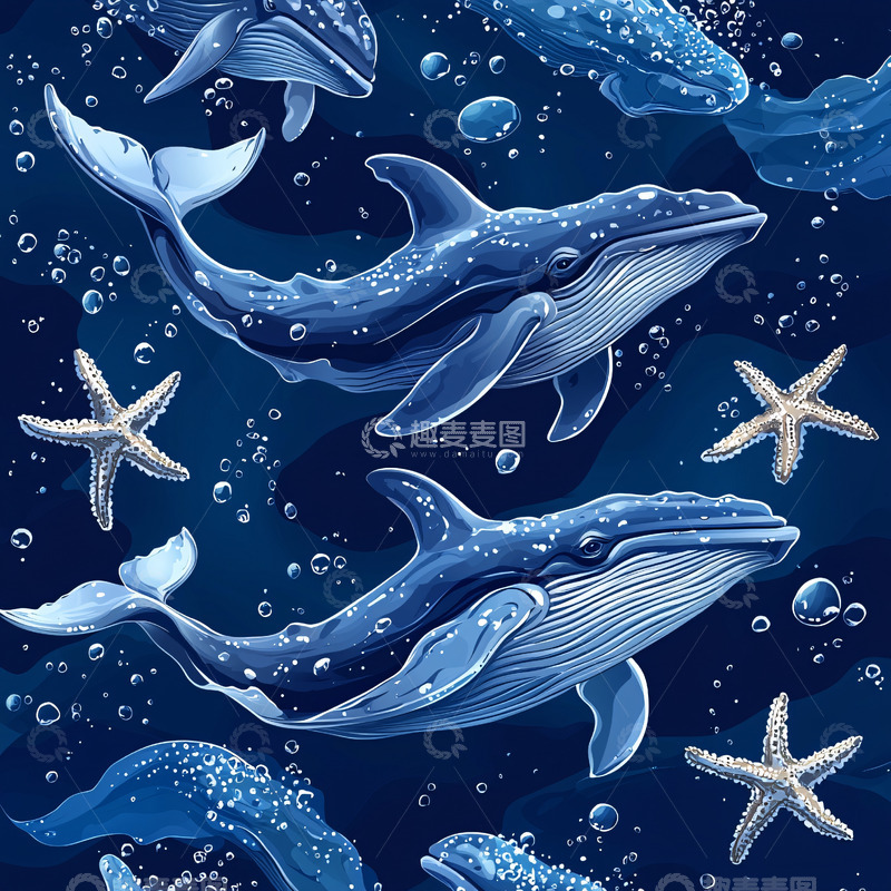 高清大图下载【趣麦麦图】深海鲸鱼和海星图案