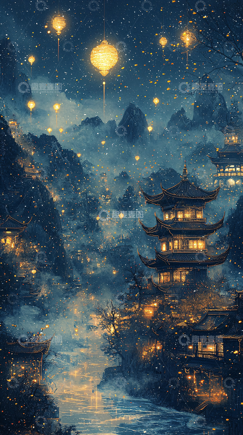 高清大图下载【趣麦麦图】雪夜山村灯笼