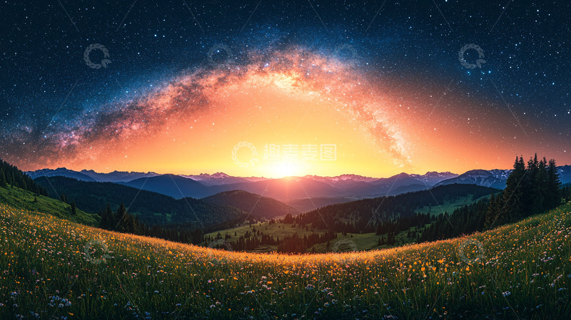 高清大图下载【趣麦麦图】梦幻般星空下的山谷日出