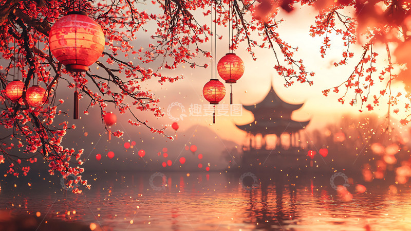 高清大图下载【趣麦麦图】喜庆新年灯笼下的亭台楼阁