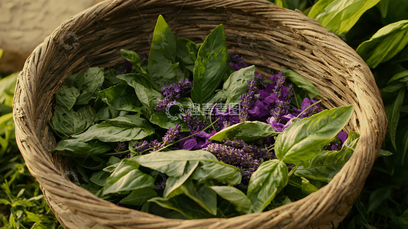 高清大图下载【趣麦麦图】篮子里的罗勒和紫色花朵