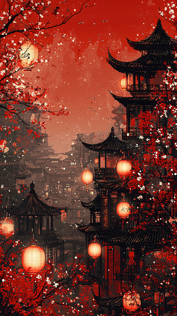 红色古风建筑灯笼唯美场景