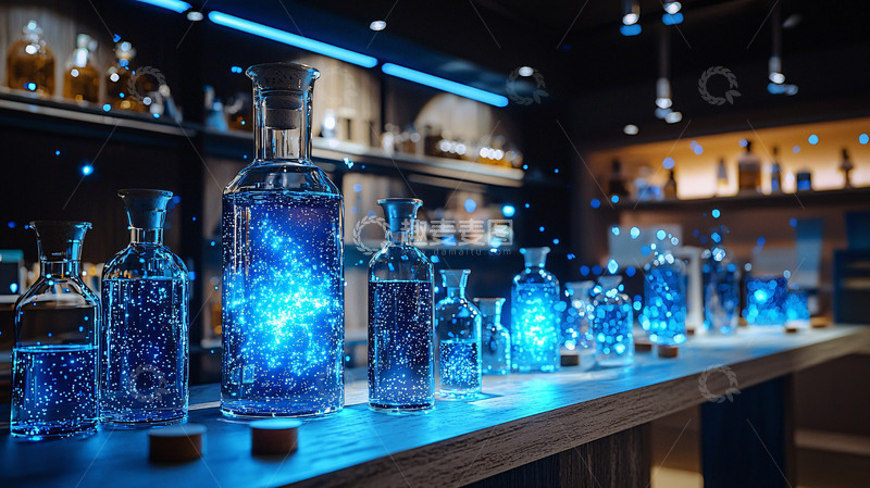 高清大图下载【趣麦麦图】蓝色魔法瓶排列