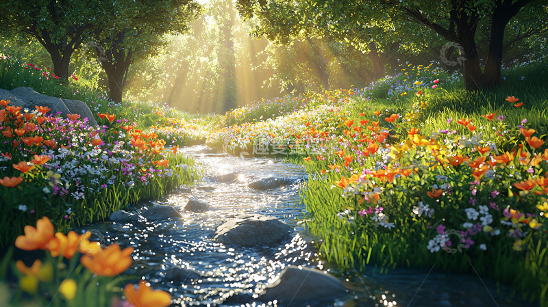 高清大图下载【趣麦麦图】阳光森林溪流鲜花
