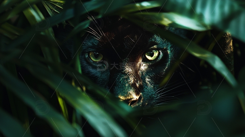 高清大图下载【趣麦麦图】黑豹藏身于绿叶丛中