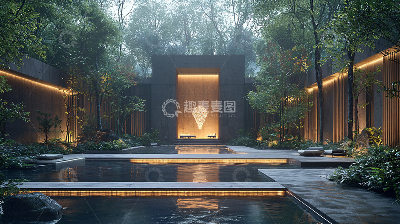 高清大图下载【趣麦麦图】雾气朦胧的禅意庭院