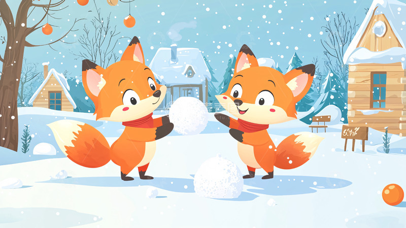 高清大图下载【趣麦麦图】两只狐狸堆雪人