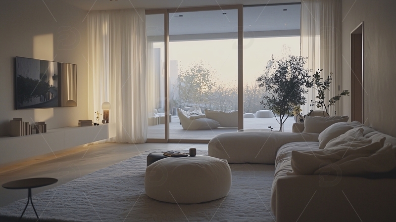 高清大图下载【趣麦麦图】极简现代客厅日落景观