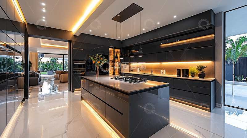 高清大图下载【趣麦麦图】现代化黑色高光橱柜厨房