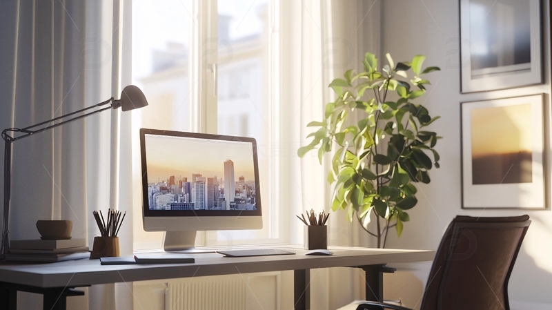 高清大图下载【趣麦麦图】阳光洒进窗边的简约办公桌