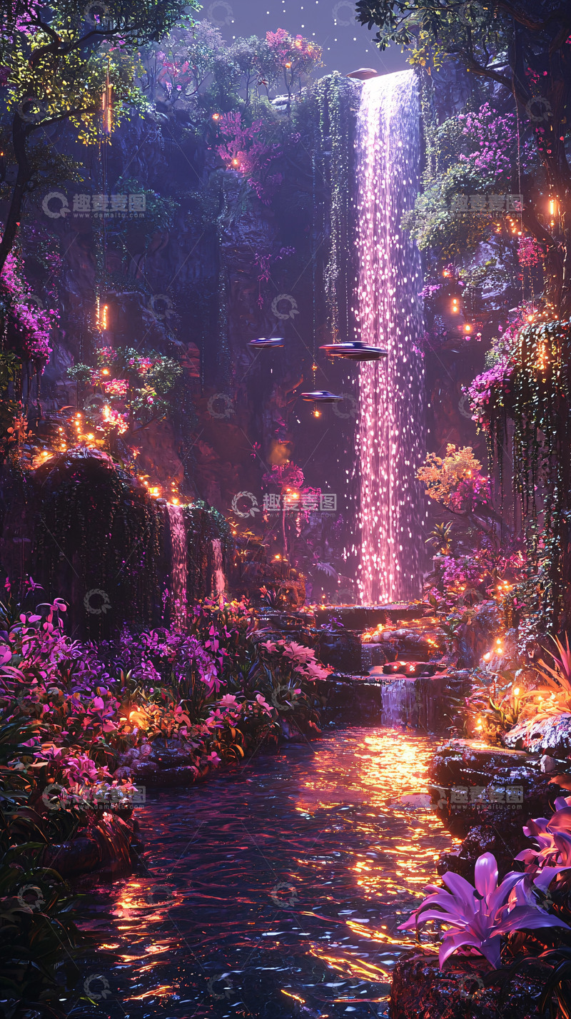 高清大图下载【趣麦麦图】梦幻般发光瀑布森林