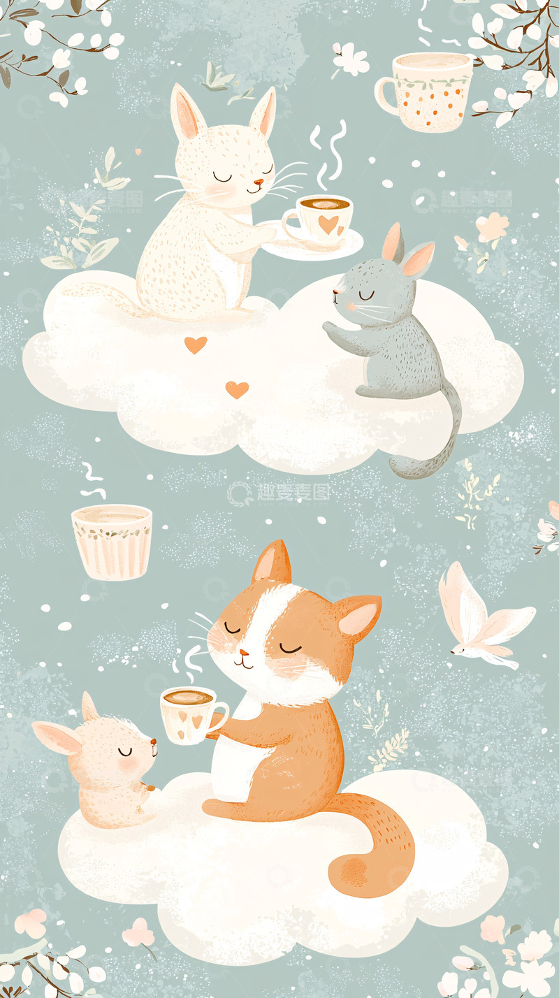 高清大图下载【趣麦麦图】可爱动物喝茶云朵背景
