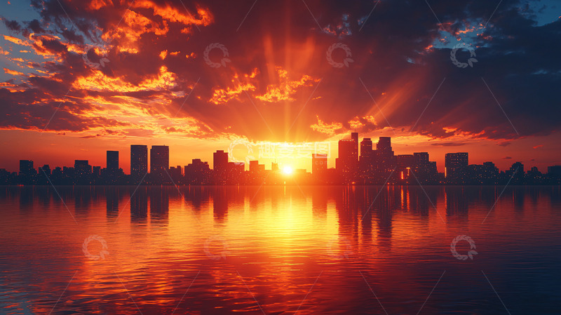 高清大图下载【趣麦麦图】城市日落倒影