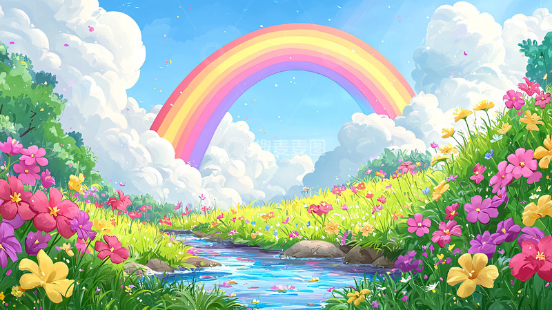 高清大图下载【趣麦麦图】彩虹花田溪流