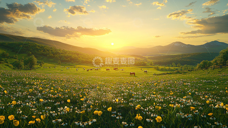 高清大图下载【趣麦麦图】日落草原花海牧场
