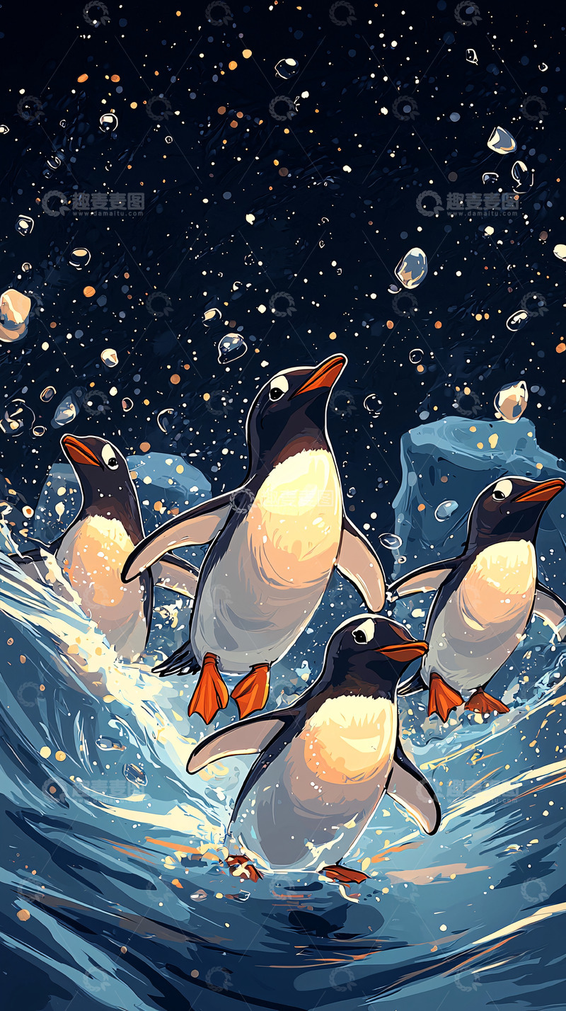 高清大图下载【趣麦麦图】企鹅戏水图