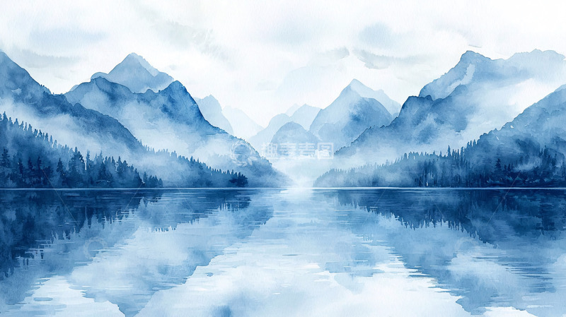 高清大图下载【趣麦麦图】水墨蓝调山水画