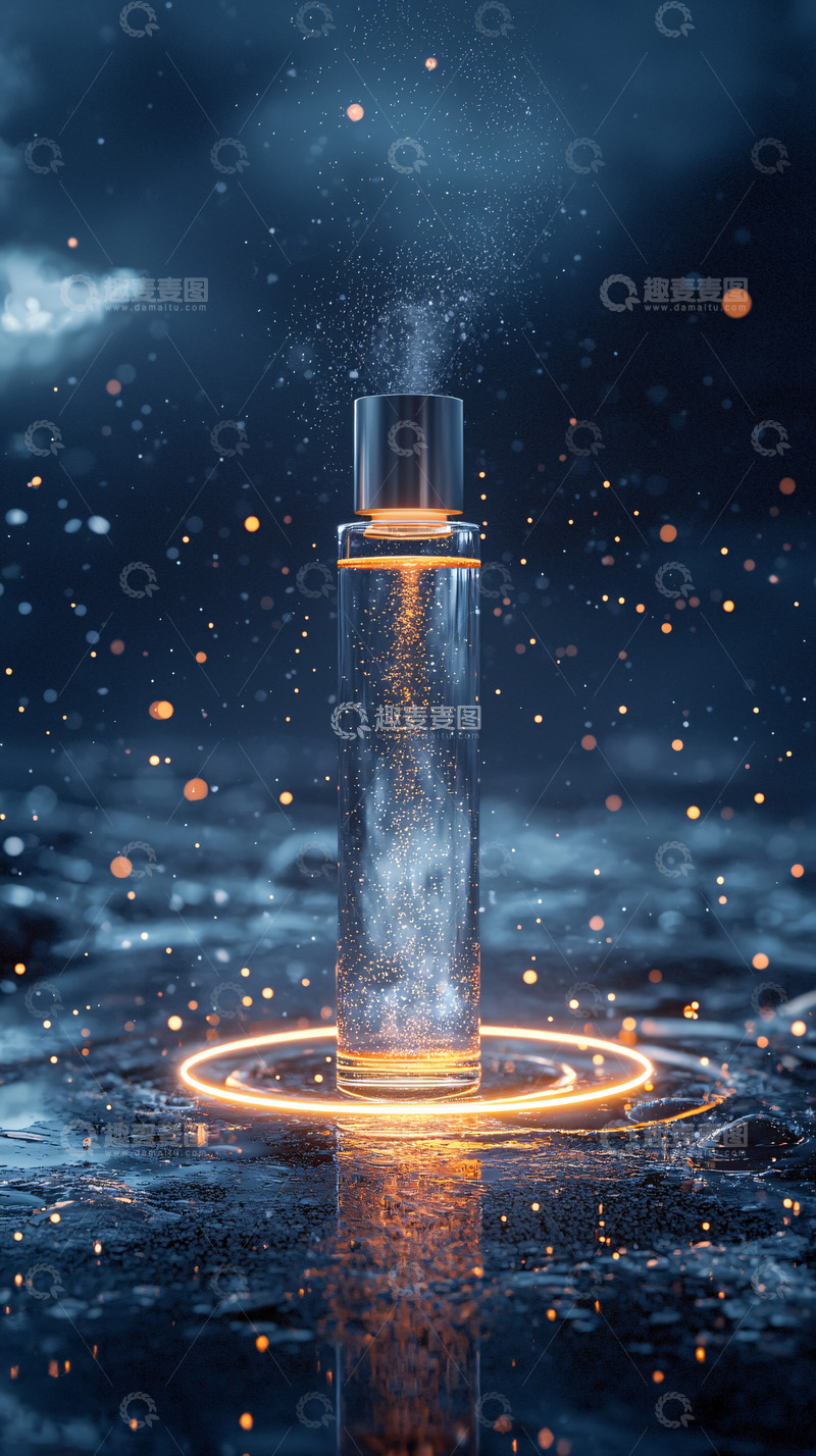 高清大图下载【趣麦麦图】蓝色背景下的透明香水瓶