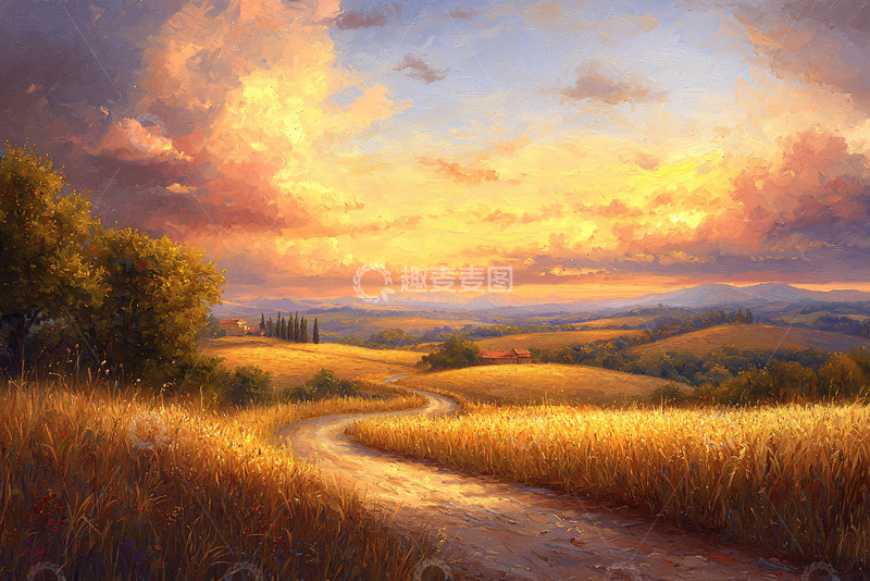 高清大图下载【趣麦麦图】金黄麦田蜿蜒小路落日