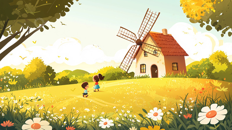 高清大图下载【趣麦麦图】田园风光儿童插画